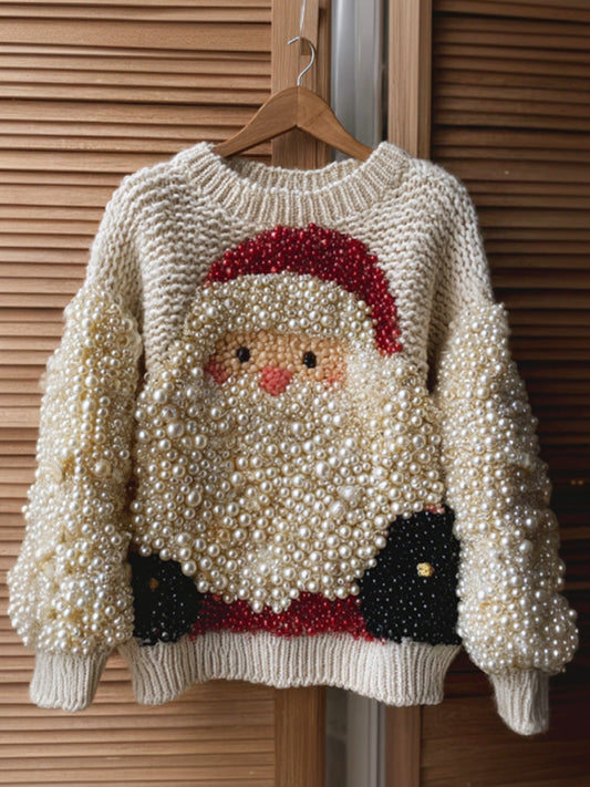 Santa Claus Embroidered Pearl Crew Neck Sweater artswardrobe