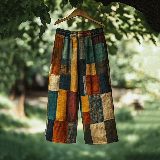 Vintage Color Block Linen Blend Casual Pants artswardrobe