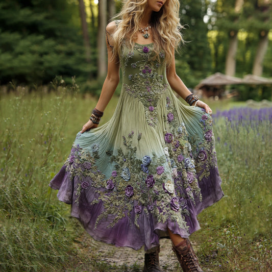 Classy Gradient Purple Lavender And Floral Embroidered Linen Maxi Dress artswardrobe