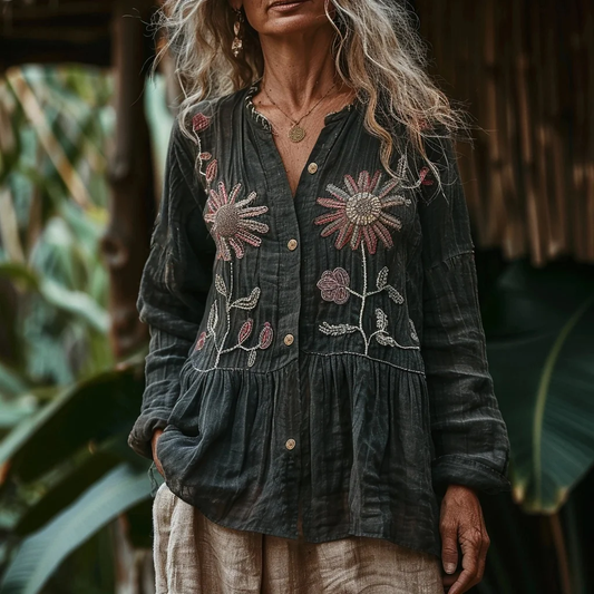 Bohemian Style Linen Floral Art Print Long Sleeve Loose  Shirt artswardrobe