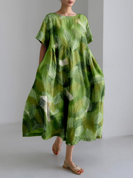 Comstylish Japanese Chiyogami Art Pattern Linen Blend Maxi Dress