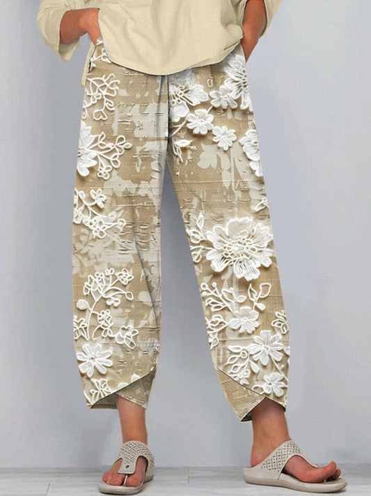 Lace Floral Embroidered Linen Blend Pants artswardrobe