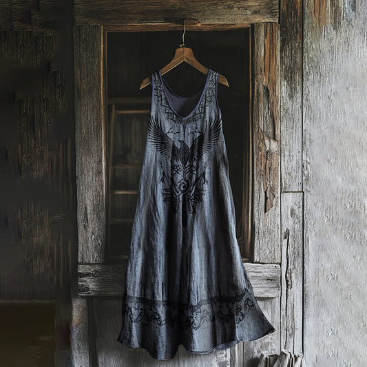 Women's Vintage Viking Raven Rune Print Cotton And Linen Dress artswardrobe
