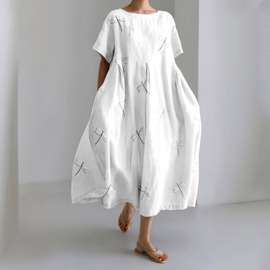 Comstylish Women'S Vintage Dragonfly Embroidery Art Casual Midi Dress