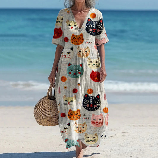 Comstylish Vintage Cute Cat Embroidered Cozy Linenart Women's Maxi Dress