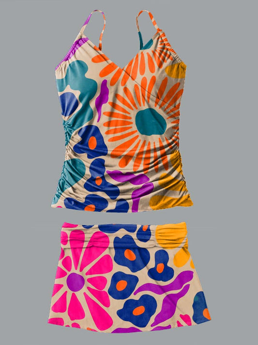 Women's Colorful Geometric Flower Art Print Suspender Shirred Swimsuit Set
