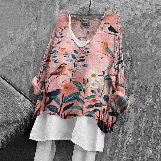 Comstylish Women's Japanese Flower And Bird Art Print V-neck Shirt
