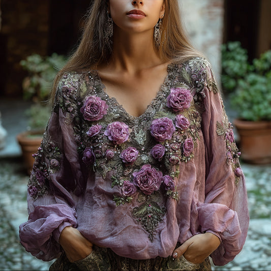 Bohemian Style Embroidered Plant Flower V-neck Long-sleeved Casual Vintage Top artswardrobe