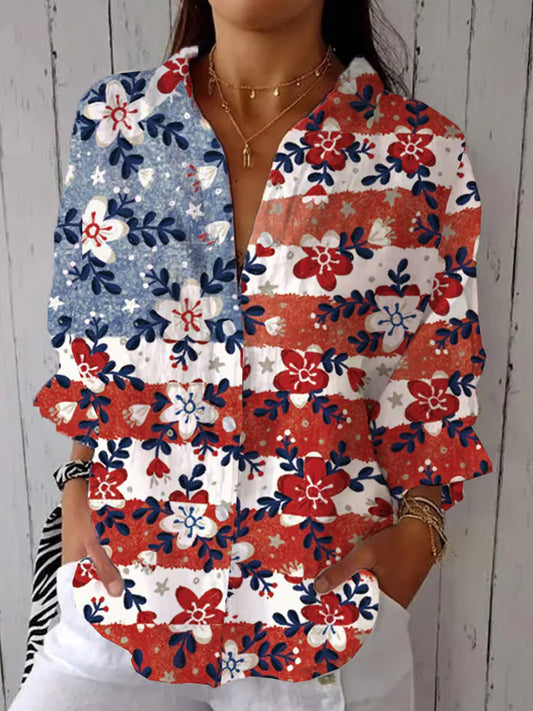 Comstylish Women's Casual Cotton And Linen Floral Independence Day Shirt