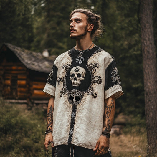 Men's Viking Tribal Skull Runes Embroidery Art Linen Crew Neck T Shirt artswardrobe