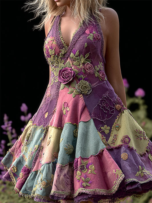Vintage Purple Roses Embroidered Patchwork Linen Dress artswardrobe