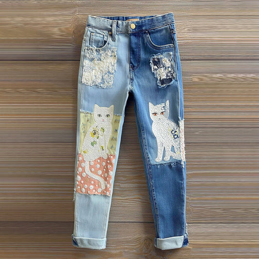 Comstylish Casual Cute Patchwork Embroidered Cat Vintage Jeans