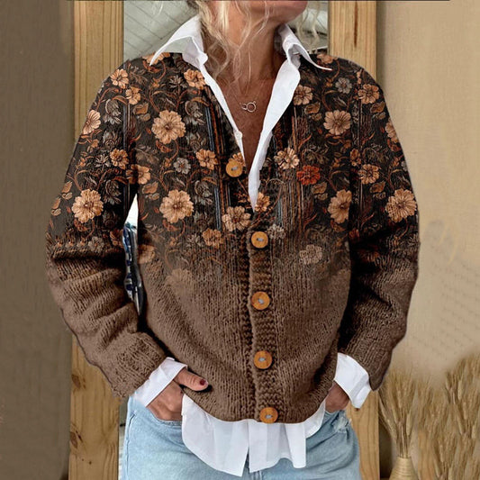 Retro Flower Print Buttoned Sweater Cardigan artswardrobe
