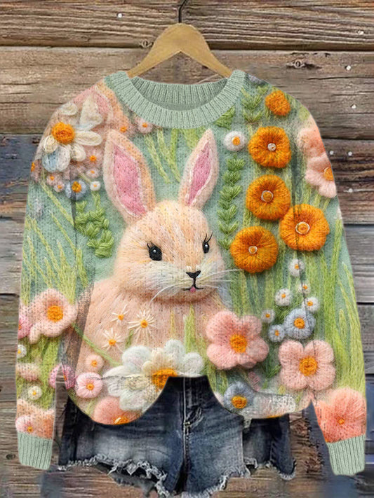 Cute Bunny & Floral Felt Art Cozy Knit Sweater artswardrobe