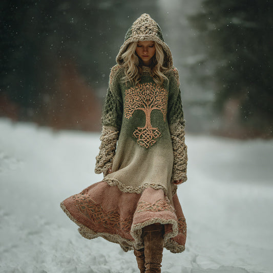 Women's Vintage Celtic Tree Of Life Ombre Hooded Sweater Midi Dress elevenforest