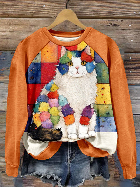 Whimsical Patchwork Cat Art Contrast Washed Sweatshirt elevenforest