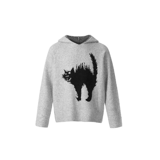 Unisex Scaring Black Cat Jacquard Art Knit Cozy Unisex Hooded Sweater elevenforest