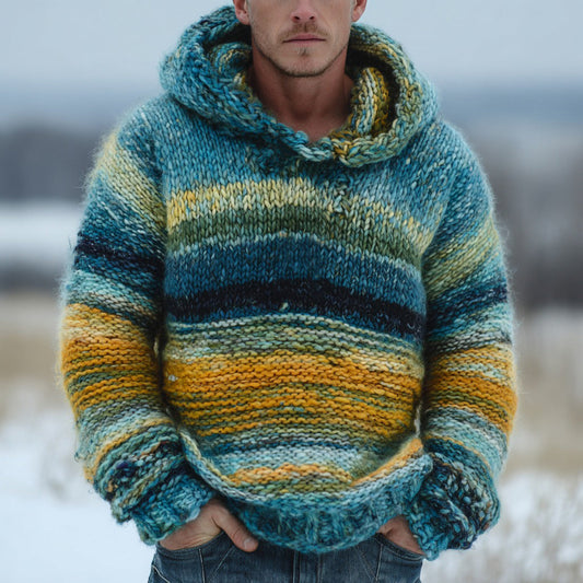 Men's Colorful Striped Contrast Warm Knitted Hooded Sweater elevenforest