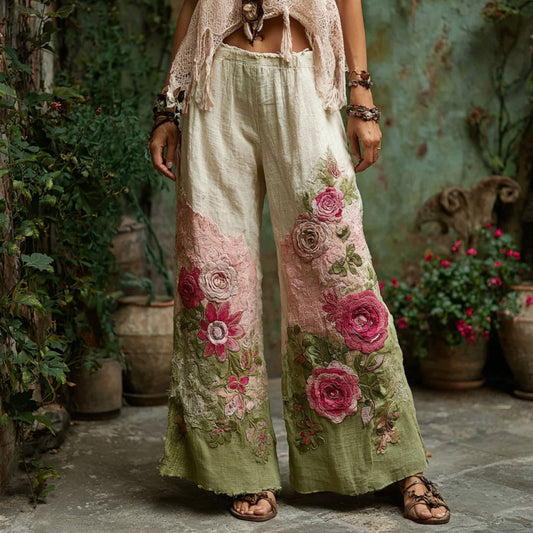 Floral Embroidered Art Print Linen Blend Pants artswardrobe