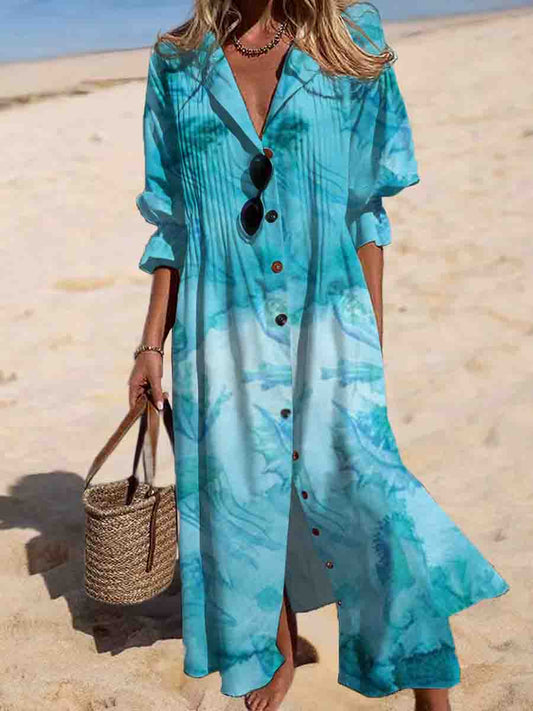 Women Shirt Collar Ocean Life Print Resort Maxi Dress