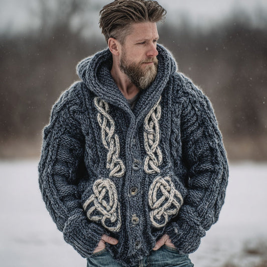 Men's Viking Celtic Knot Art Knit Button Hooded Sweater artswardrobe