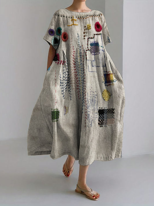 Comstylish Colorful Embroidered Japanese Sashiko Art Linen Blend Maxi Dress