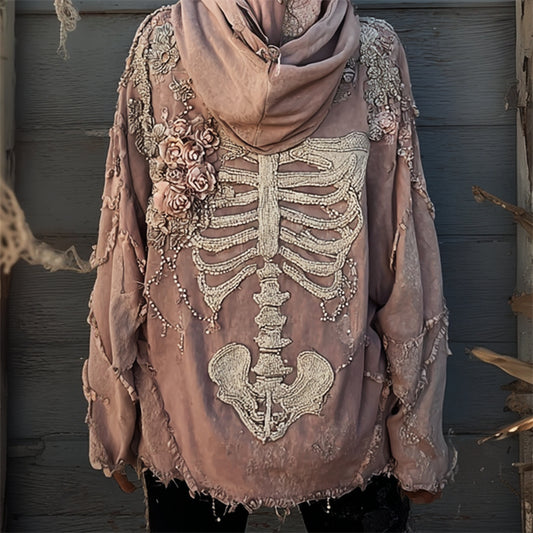 Comstylish Skeleton Pink Floral Beaded Washed Cozy Hoodie