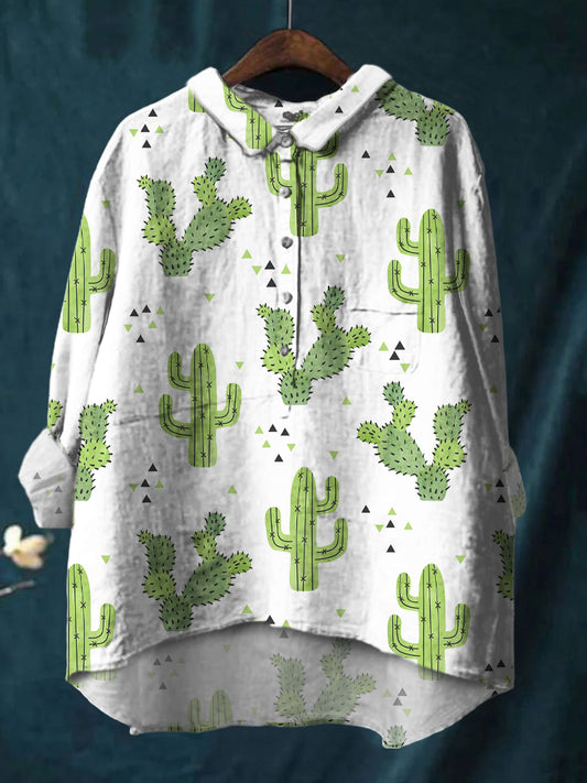 Hand-Painted Cactus Print Cotton And Linen Shirt