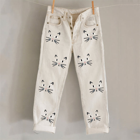 Lovely Cat Faces Embroidery Pattern Washed Jeans elevenforest