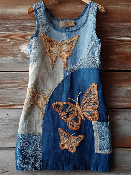 Comstylish Japanese Art Style Butterfly And Plant Flower Pattern Embroidery Women's Cotton And Linen Dress.