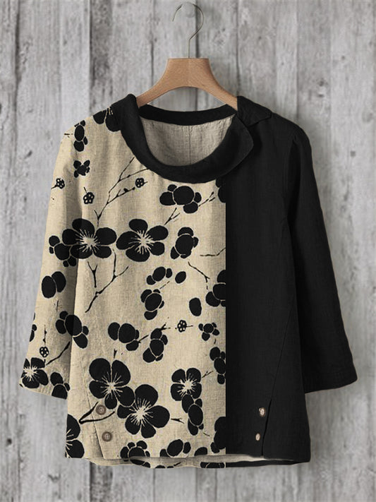 Comstylish Cherry Blossom Japanese Lino Art Contrast Linen Blend Tunic