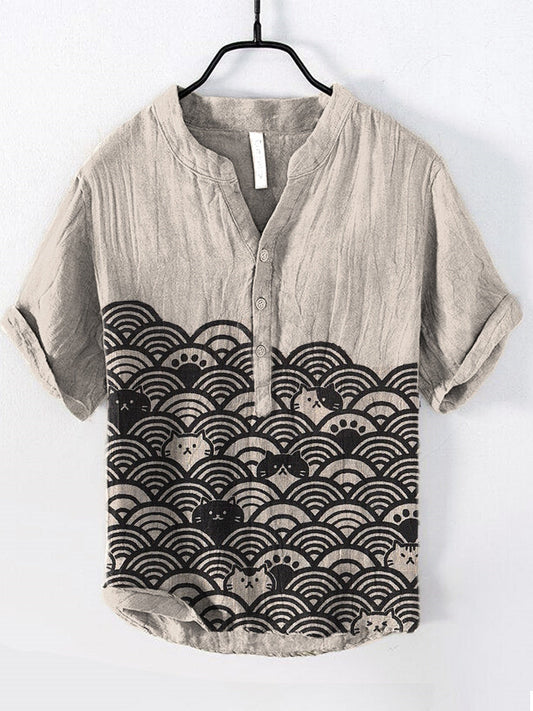 Cats & Waves Japanese Art Print Cozy Cotton Linen Shirt elevenforest