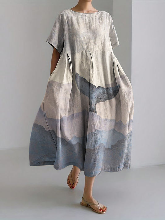 Comstylish Whale Tail Sea Waves Colorblock Linen Blend Maxi Dress
