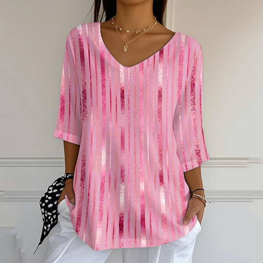 Striped Art Print V-neck Loose T-shirt artswardrobe