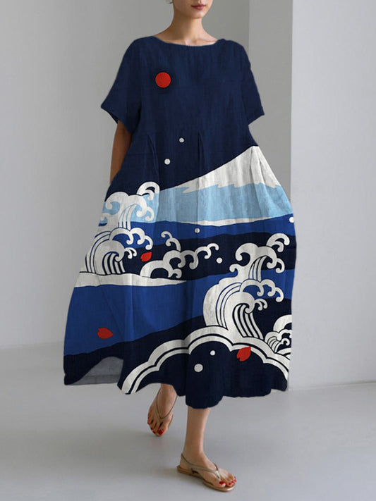 Comstylish Japanese Art Print Linen Maxi Dress