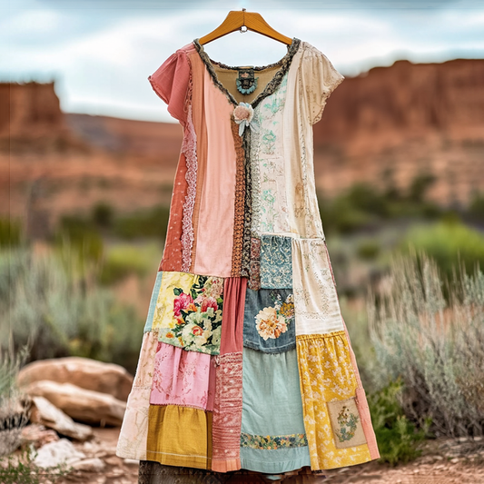 Women's Vintage Floral Patch Comfort Short Sleeve V Neck Dress artswardrobe