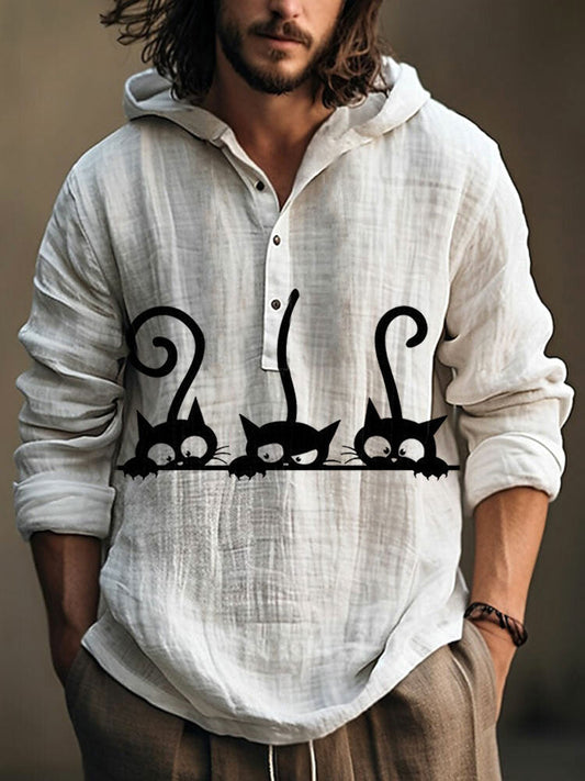 Japanese Art Black Cat Print Cotton Blend Hoodie elevenforest