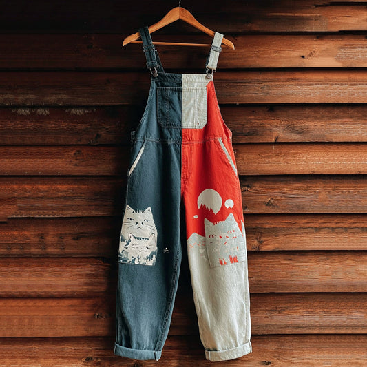 Women's Cute Cat On Mount Fuji Colorblock Denim Jumpsuit elevenforest