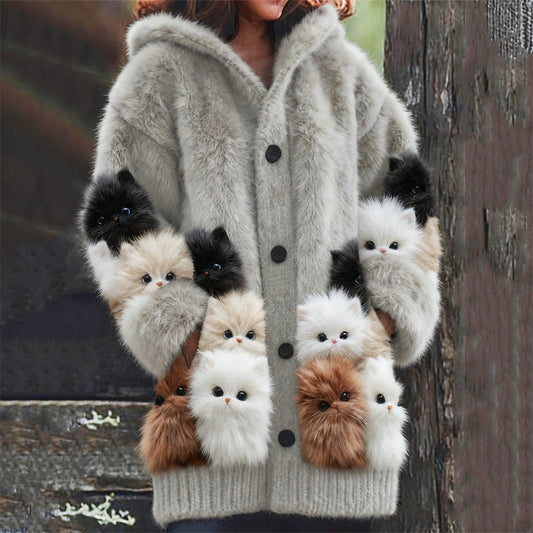 Lovely Fuzzy Kittens Cats Cozy Knit Hooded Cardigan elevenforest
