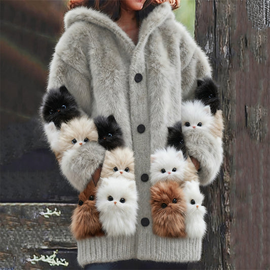 Comstylish Lovely Fuzzy Kittens Cats Cozy Knit Hooded Cardigan