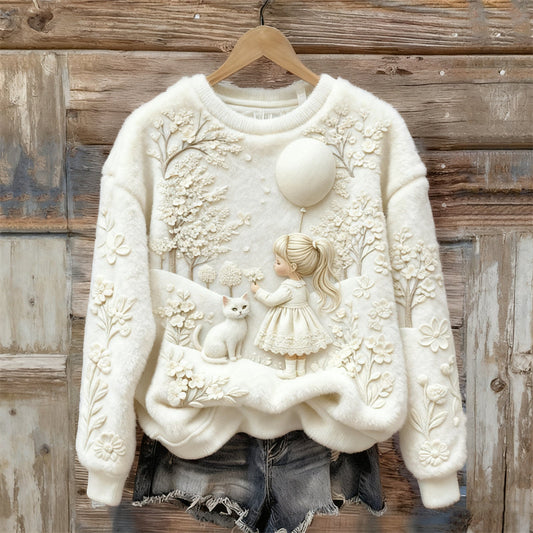 Little Girl & Cat Winter Floral Landscape Cozy Plush Sweatshirt elevenforest