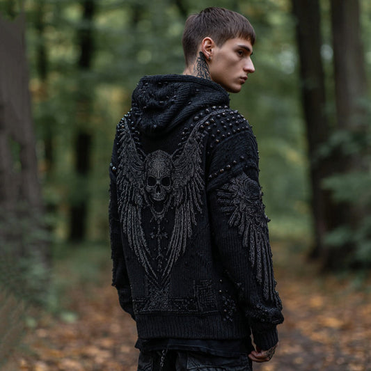 Men's Dark Wings Skull Knitted Comfort Hooded Sweater artswardrobe
