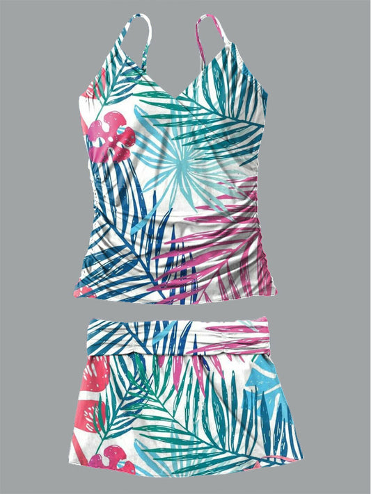 Women's Hawaiian Art Printed Suspender Shirred Swimsuit Set