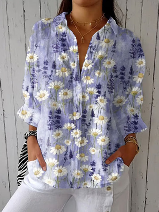 Comstylish Women's Casual Cotton And Linen Vintage Floral Shirt
