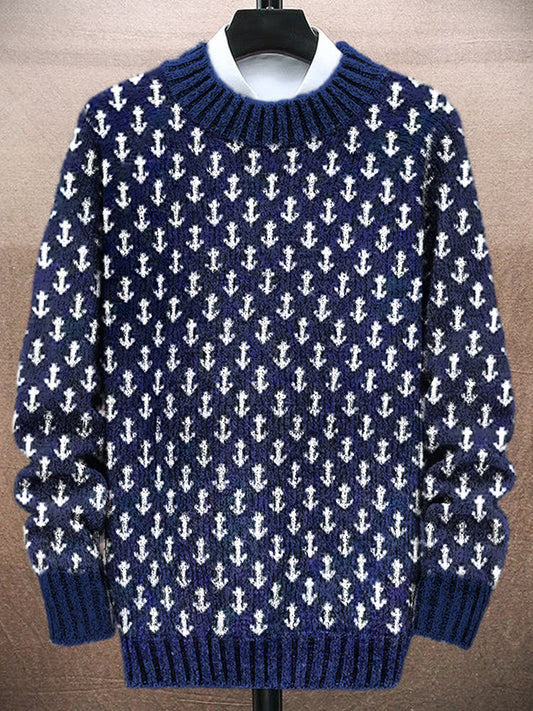 Nautical Anchor Pattern Men's Crew Neck Sweater elevenforest