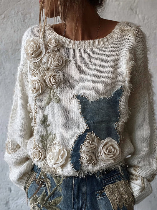 Comstylish Boho Cat Denim Patch White Roses Cozy Knit Sweater