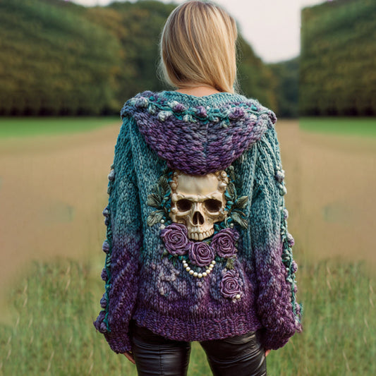 Women's Artistic Skeleton Rose Vintage Gradient Color Worn-out Hooded Sweater elevenforest