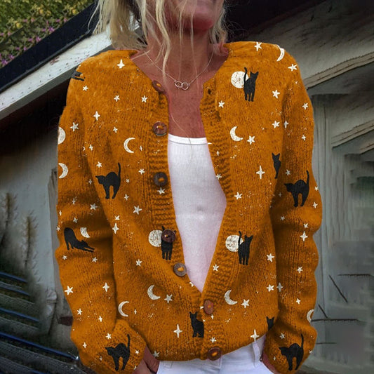 Halloween Black Cat Art Print Button Cardigan Sweater elevenforest