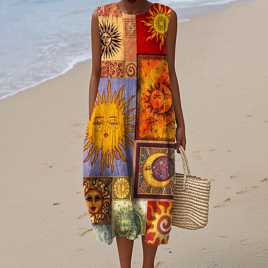 Litha Midsummer Sun Boho Patchwork Flowy Linen Midi Dress artswardrobe
