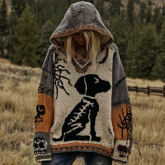 Halloween Dog Spiderweb Patchwork Stitched Cozy Knit Hoodie elevenforest